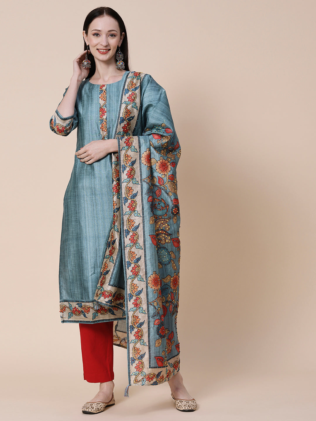 Textured & Floral Printed Resham Embroidered Kurta With Floral Embroidered Dupatta - Slate Teal