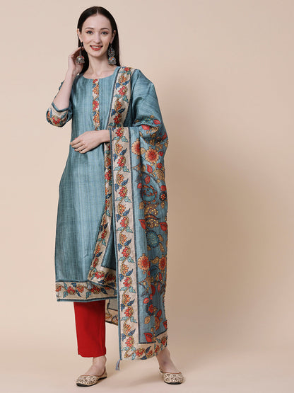 Textured & Floral Printed Resham Embroidered Kurta With Floral Embroidered Dupatta - Slate Teal