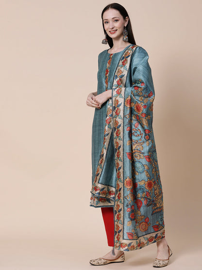 Textured & Floral Printed Resham Embroidered Kurta With Floral Embroidered Dupatta - Slate Teal