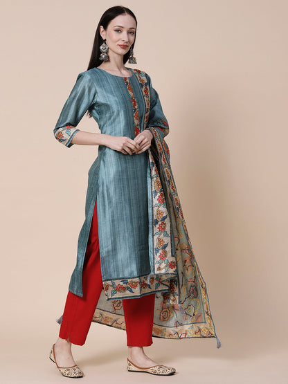 Textured & Floral Printed Resham Embroidered Kurta With Floral Embroidered Dupatta - Slate Teal