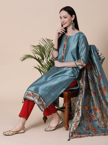 Textured & Floral Printed Resham Embroidered Kurta With Floral Embroidered Dupatta - Slate Teal