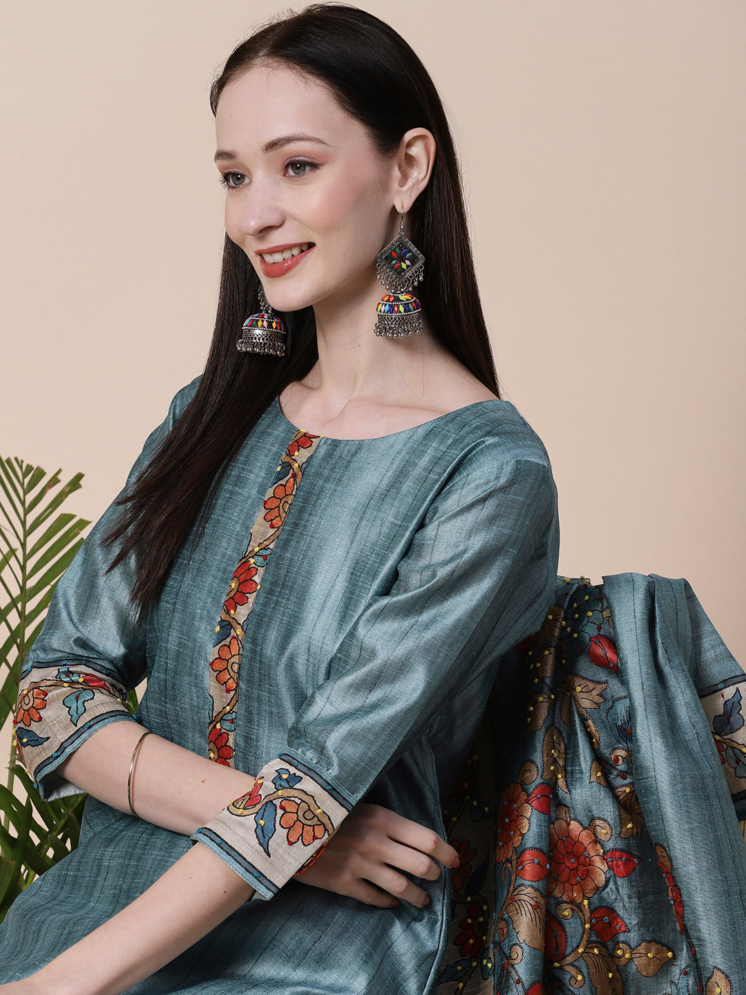 Textured & Floral Printed Resham Embroidered Kurta With Floral Embroidered Dupatta - Slate Teal