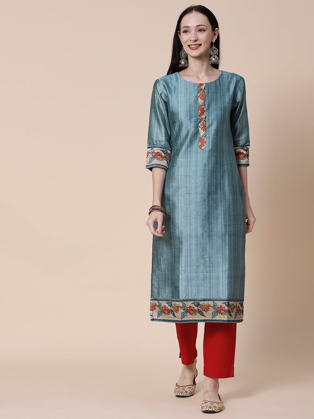 Textured & Floral Printed Resham Embroidered Kurta With Floral Embroidered Dupatta - Slate Teal