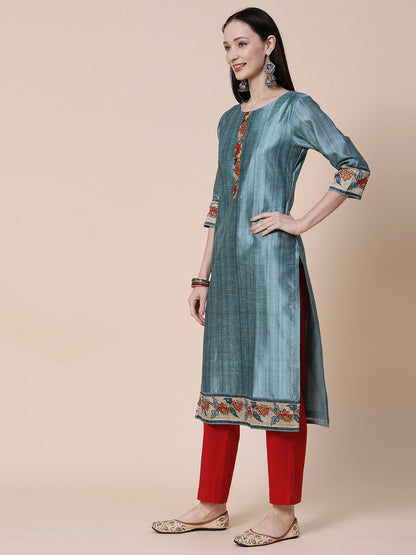 Textured & Floral Printed Resham Embroidered Kurta With Floral Embroidered Dupatta - Slate Teal