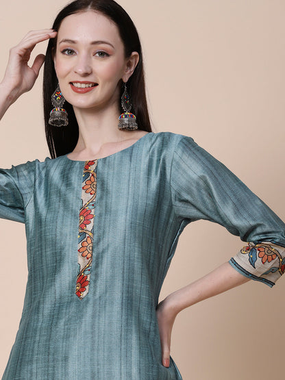 Textured & Floral Printed Resham Embroidered Kurta With Floral Embroidered Dupatta - Slate Teal