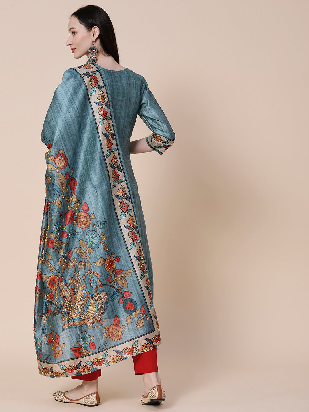 Textured & Floral Printed Resham Embroidered Kurta With Floral Embroidered Dupatta - Slate Teal