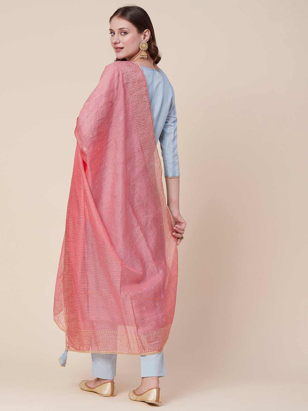 Woven Textured-Striped Zardozi Embroidered Kurta With Pants & Foil Printed Dupatta - Light Blue