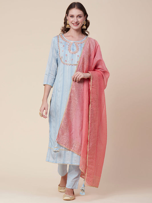 Woven Textured-Striped Zardozi Embroidered Kurta With Pants & Foil Printed Dupatta - Light Blue