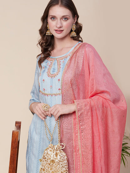 Woven Textured-Striped Zardozi Embroidered Kurta With Pants & Foil Printed Dupatta - Light Blue