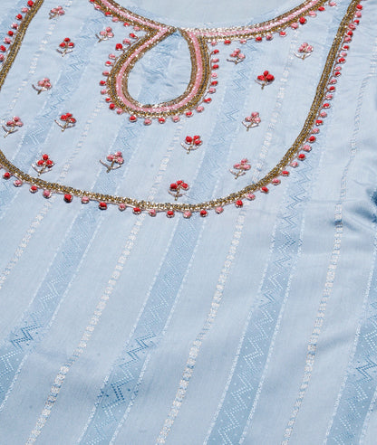 Woven Textured-Striped Zardozi Embroidered Kurta With Pants & Foil Printed Dupatta - Light Blue