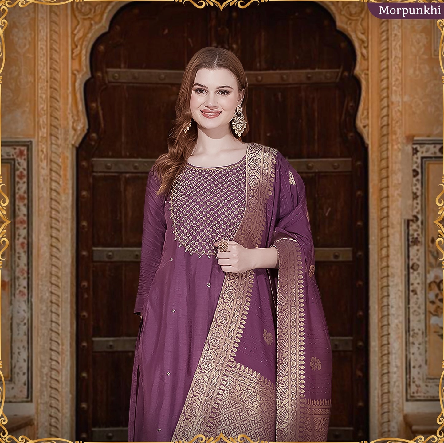 Solid Floral Hand Embroidered Straight Fit Kurta With Pant & Dupatta - Lavender