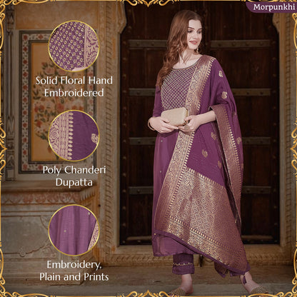 Solid Floral Hand Embroidered Straight Fit Kurta With Pant & Dupatta - Lavender