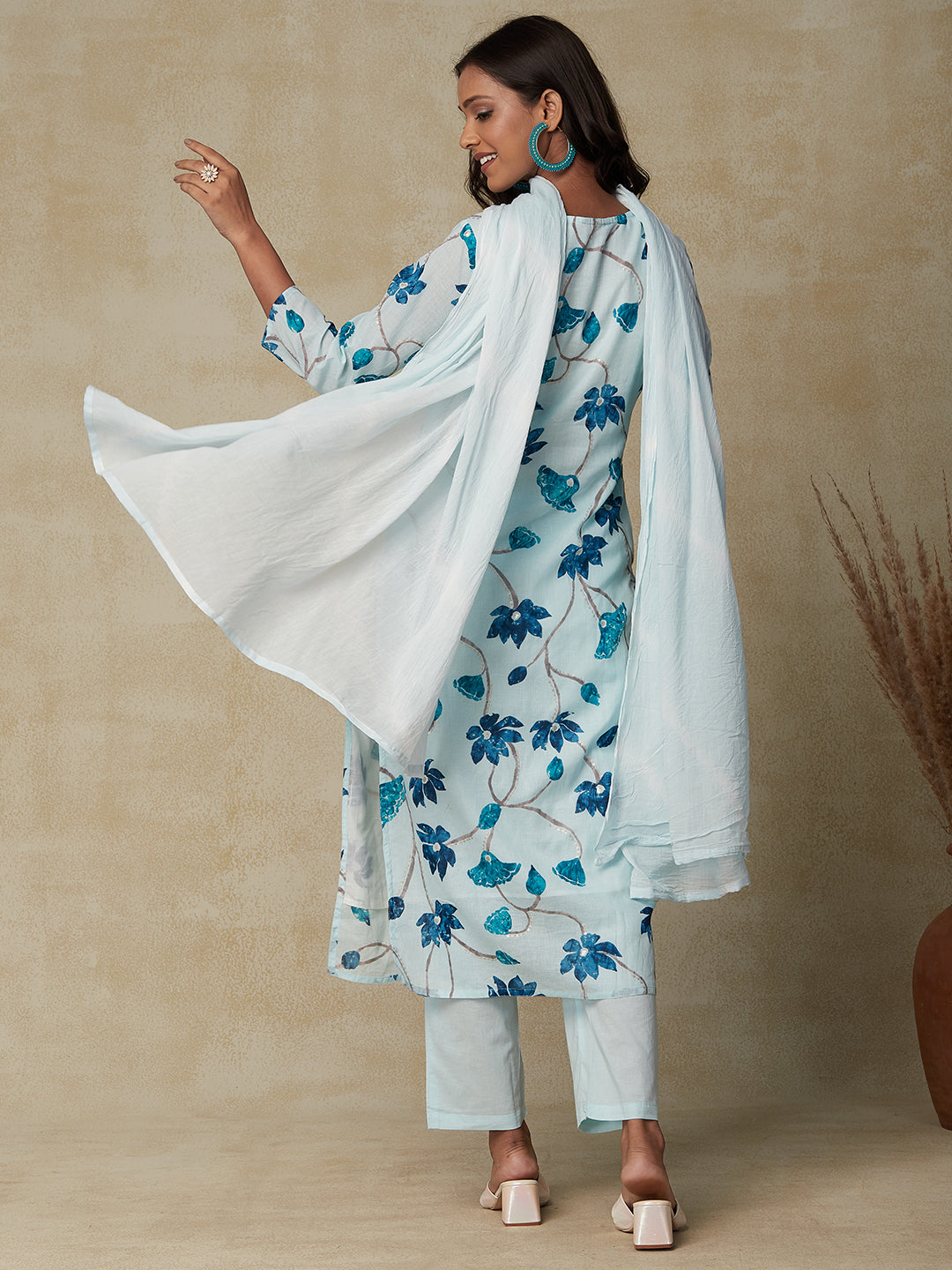 Floral Printed Mirror & Zari Embroidered Mul-Cotton Kurta With Pants & Dupatta - Mint Blue