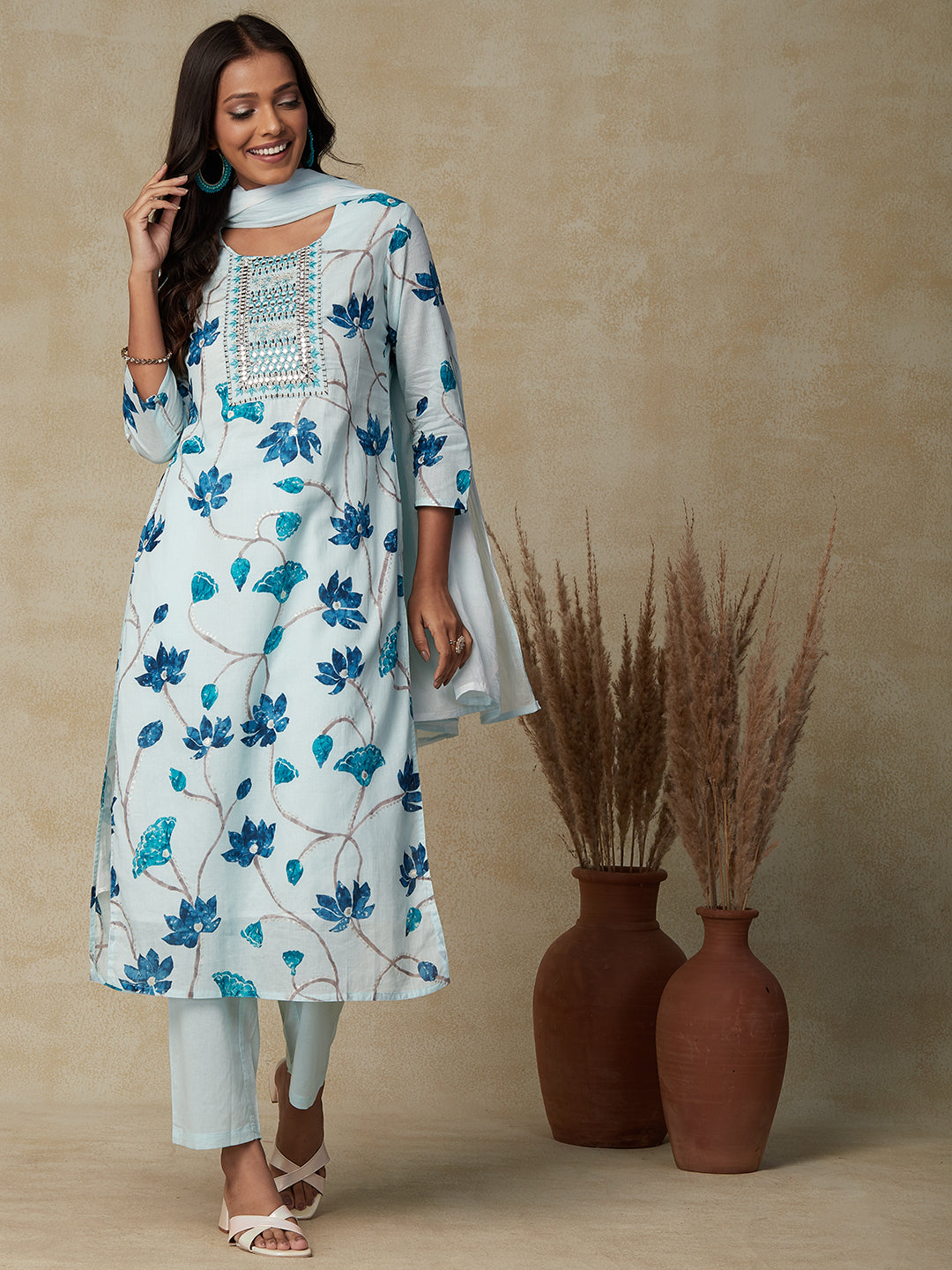 Floral Printed Mirror & Zari Embroidered Mul-Cotton Kurta With Pants & Dupatta - Mint Blue