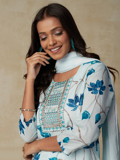 Floral Printed Mirror & Zari Embroidered Mul-Cotton Kurta With Pants & Dupatta - Mint Blue