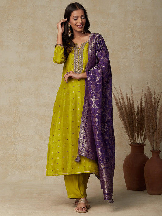 Ethnic Embroidered & Woven Straight Kurta with Pant & Brocade Dupatta - Lime Green