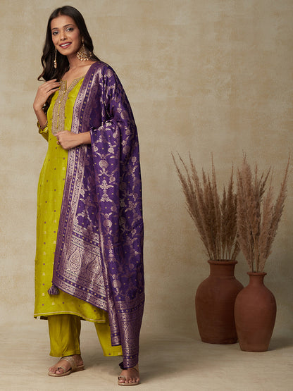 Ethnic Embroidered & Woven Straight Kurta with Pant & Brocade Dupatta - Lime Green