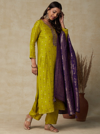 Ethnic Embroidered & Woven Straight Kurta with Pant & Brocade Dupatta - Lime Green