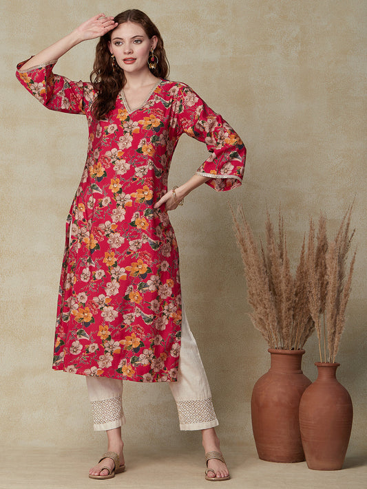 Floral Foil Printed Straight Fit Kurta - Fuchsia