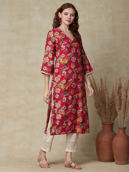 Floral Foil Printed Straight Fit Kurta - Fuchsia