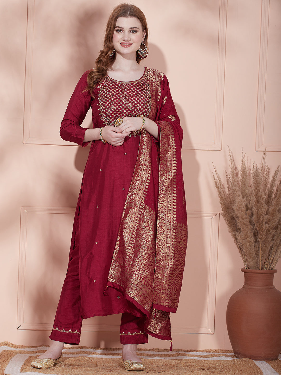 Solid Floral Hand Embroidered Straight Fit Kurta with Pant & Dupatta - Magenta