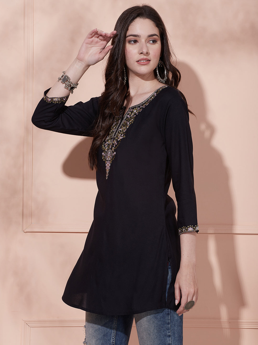 Solid Floral Sequin & Zari Embroidered A-Line Kurti - Black