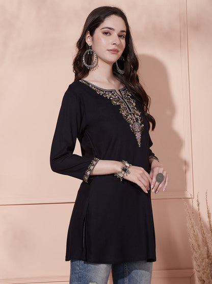 Solid Floral Sequin & Zari Embroidered A-Line Kurti - Black