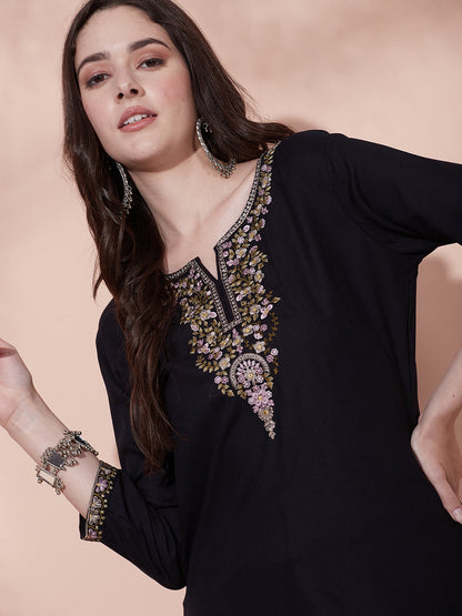 Solid Floral Sequin & Zari Embroidered A-Line Kurti - Black