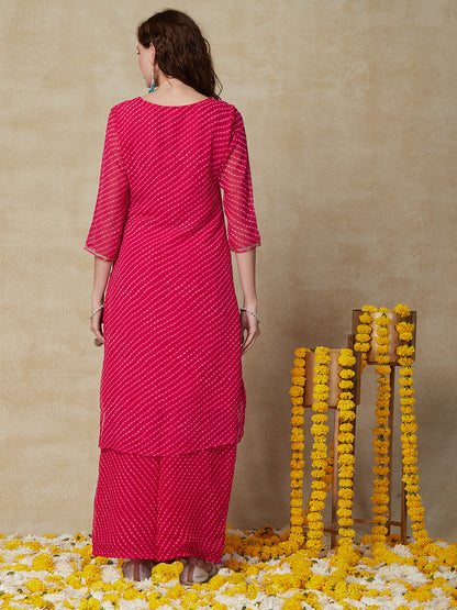 Leheriya Printed & Embroidered Straight Kurta with Palazzo - Pink