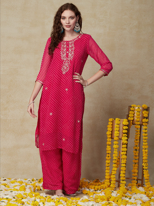 Leheriya Printed & Embroidered Straight Kurta with Palazzo - Pink