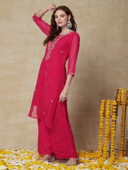 Leheriya Printed & Embroidered Straight Kurta with Palazzo - Pink