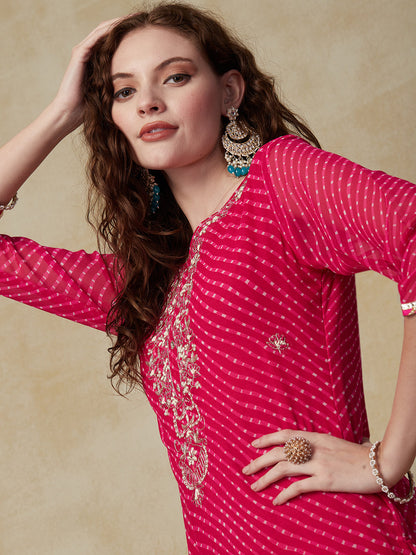 Leheriya Printed & Embroidered Straight Kurta with Palazzo - Pink