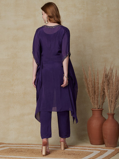 Solid Cutdana, Beads & Sequins Embroidered Kaftan With Pants - Purple