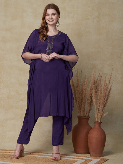 Solid Cutdana, Beads & Sequins Embroidered Kaftan With Pants - Purple