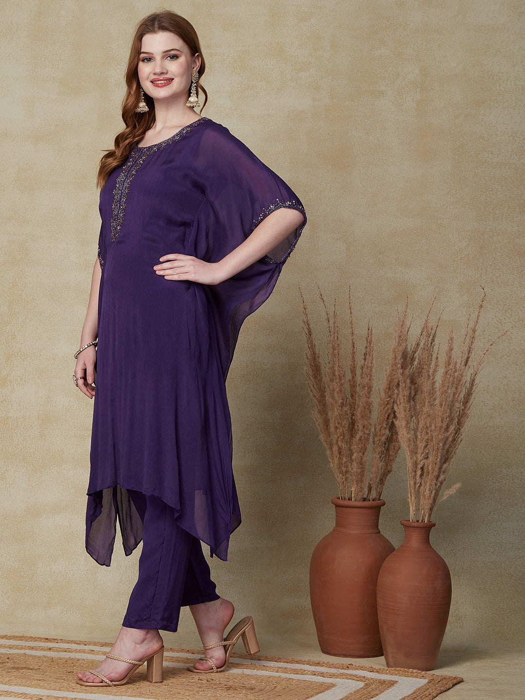 Solid Cutdana, Beads & Sequins Embroidered Kaftan With Pants - Purple