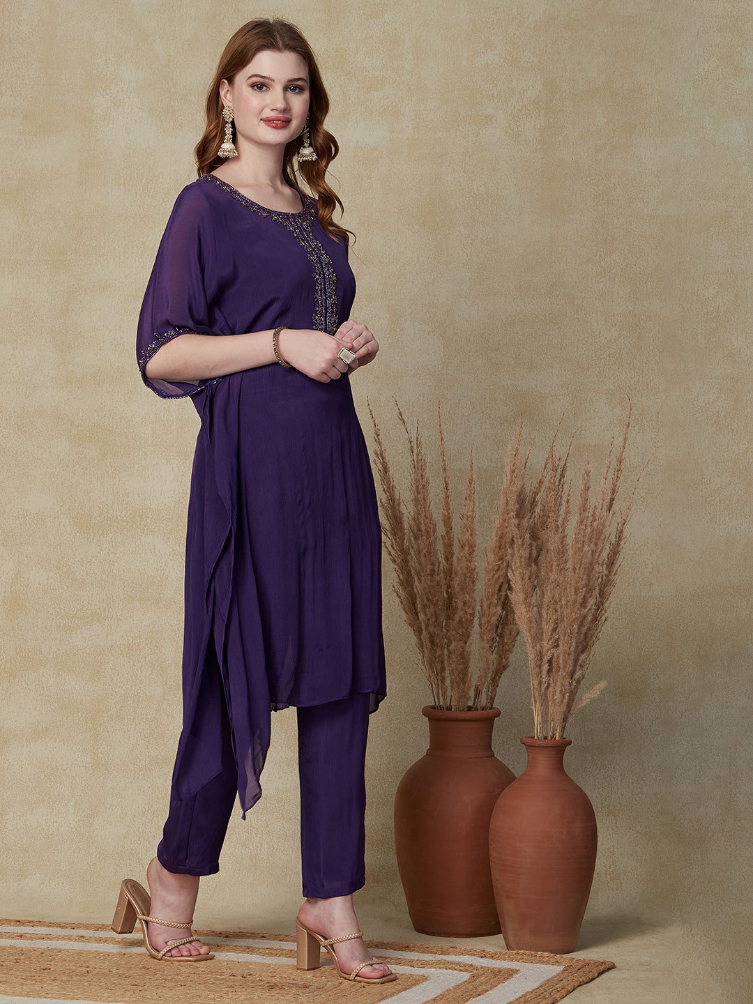 Solid Cutdana, Beads & Sequins Embroidered Kaftan With Pants - Purple