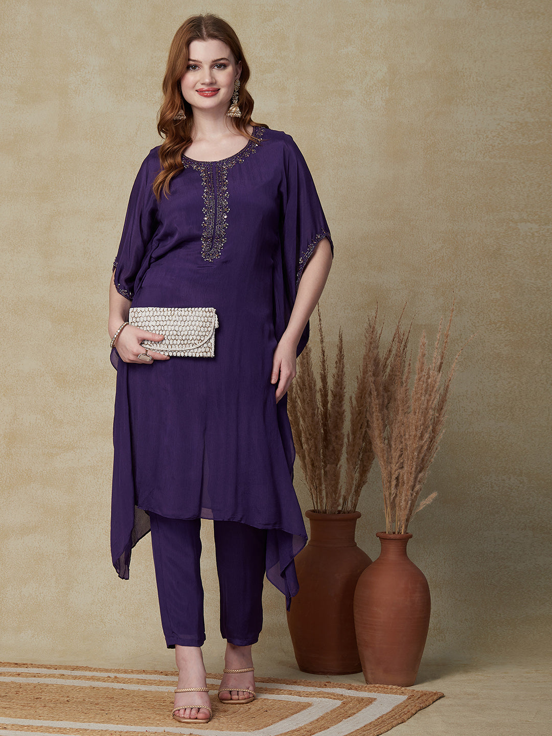 Solid Cutdana, Beads & Sequins Embroidered Kaftan With Pants - Purple