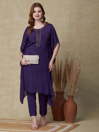 Solid Cutdana, Beads & Sequins Embroidered Kaftan With Pants - Purple