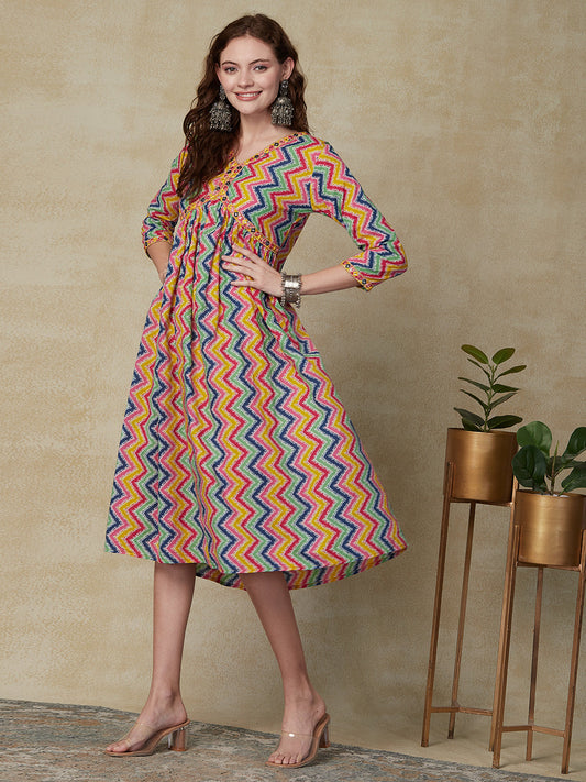 Chevron Printed Mirror & Resham Embroidered Gathered Midi Dress - Multi