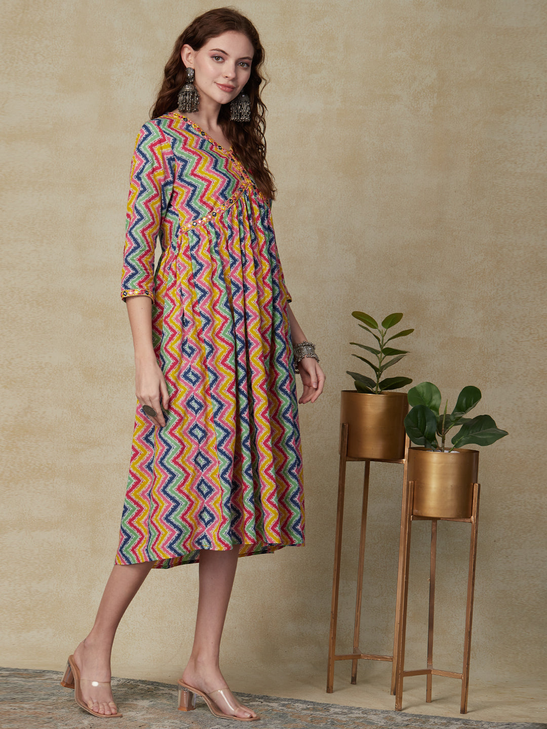 Chevron Printed Mirror & Resham Embroidered Gathered Midi Dress - Multi