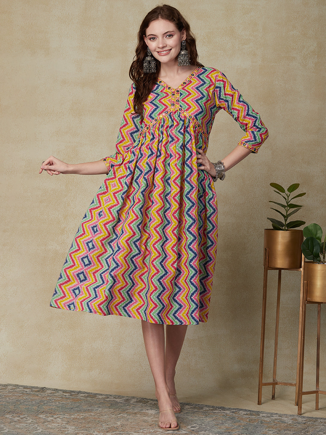 Chevron Printed Mirror & Resham Embroidered Gathered Midi Dress - Multi