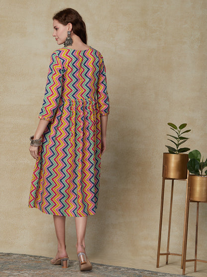 Chevron Printed Mirror & Resham Embroidered Gathered Midi Dress - Multi