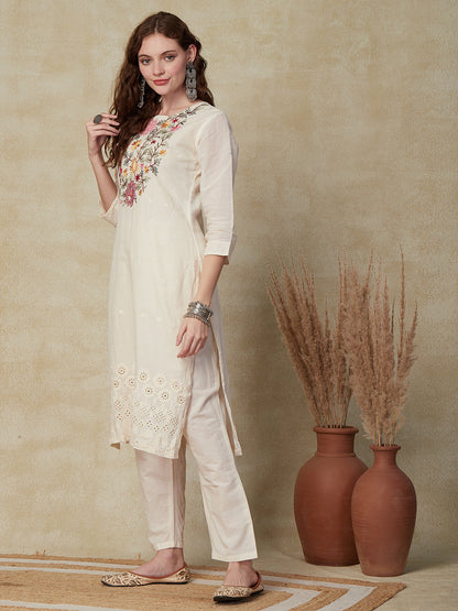 Solid Resham Embroidered Schiffili Work Kurta With Pants - Off White