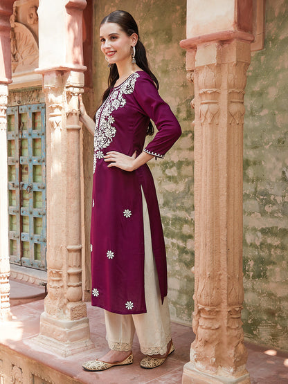 Solid Resham Floral Embroidered Kurta - Burgundy