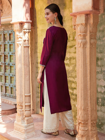 Solid Resham Floral Embroidered Kurta - Burgundy
