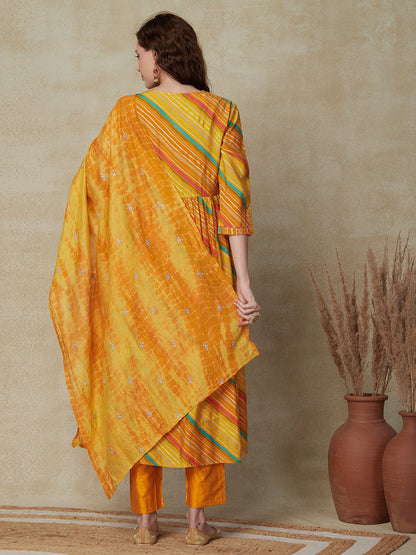 Lehriya Printed Mirror, & Zari Embroidered A-line Kurta with Pants & Shibori Dupatta - Yellow