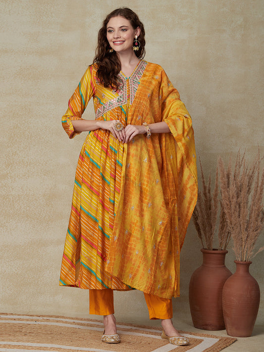 Lehriya Printed Mirror, & Zari Embroidered A-line Kurta with Pants & Shibori Dupatta - Yellow