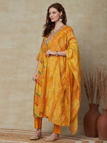 Lehriya Printed Mirror, & Zari Embroidered A-line Kurta with Pants & Shibori Dupatta - Yellow