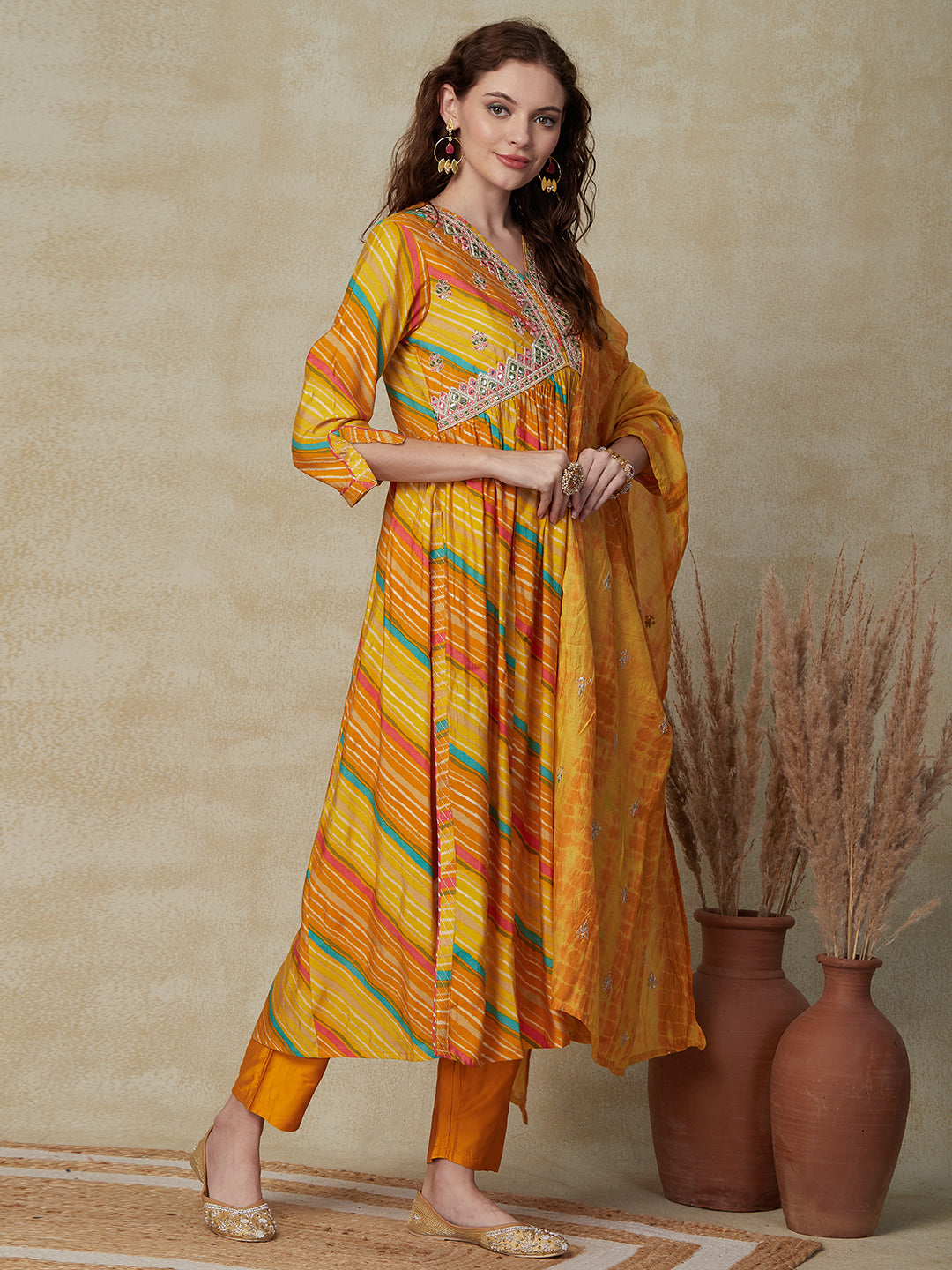 Lehriya Printed Mirror, & Zari Embroidered A-line Kurta with Pants & Shibori Dupatta - Yellow