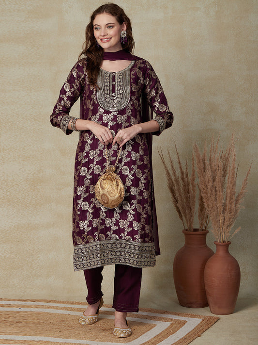 Woven Zari Jacquard Stones, Sequins & Zari Embroidered Kurta with Pants & Dupatta - Mauve